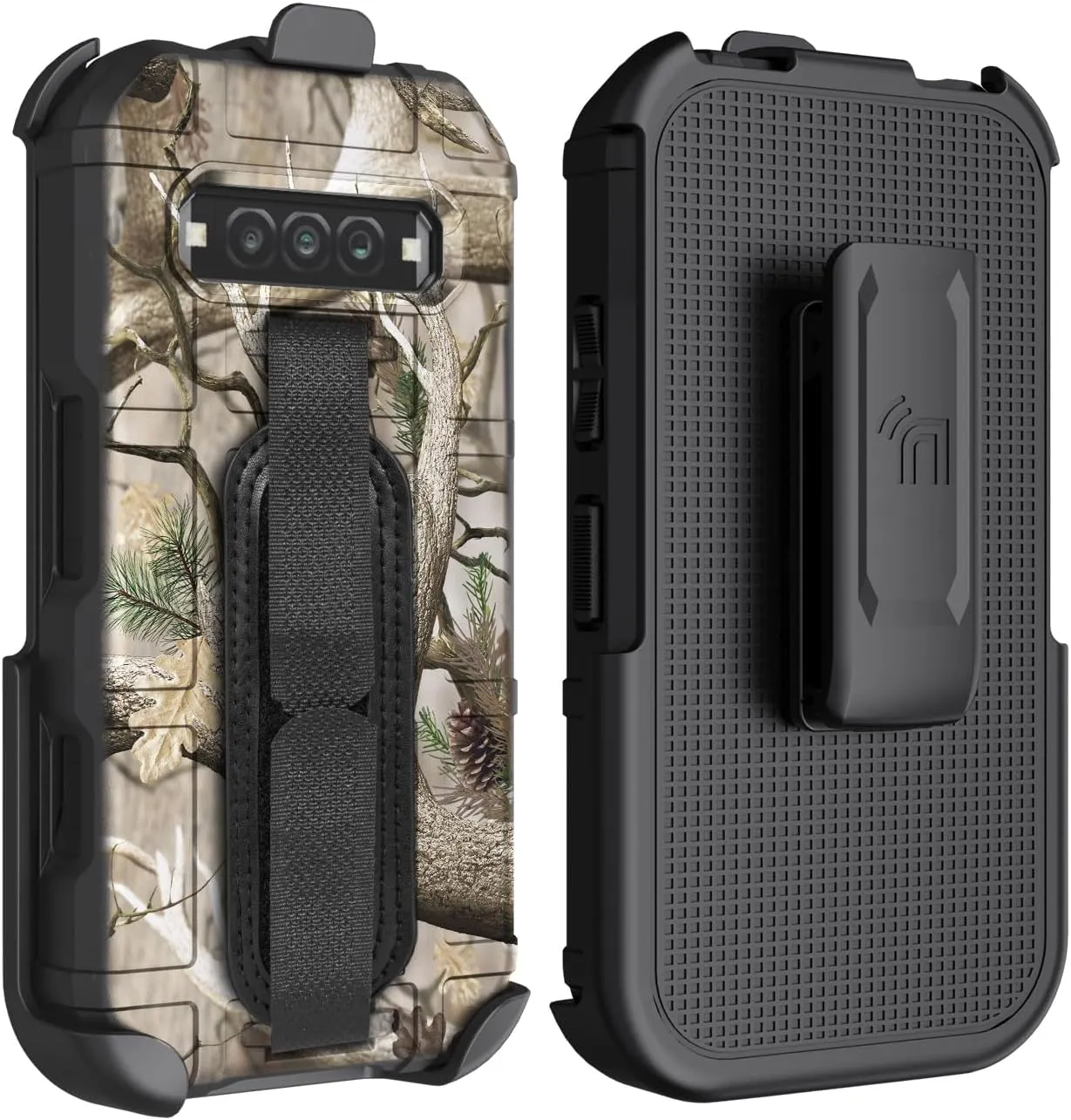 Case   Hand Strap   Holster Combo for Kyocera DuraForce Pro 3 Phone, Nakedcellphone Special Ops Camouflage Rugged Shield Cover and Ratchet Belt Clip Holder - Tree Real Woods Camo Design