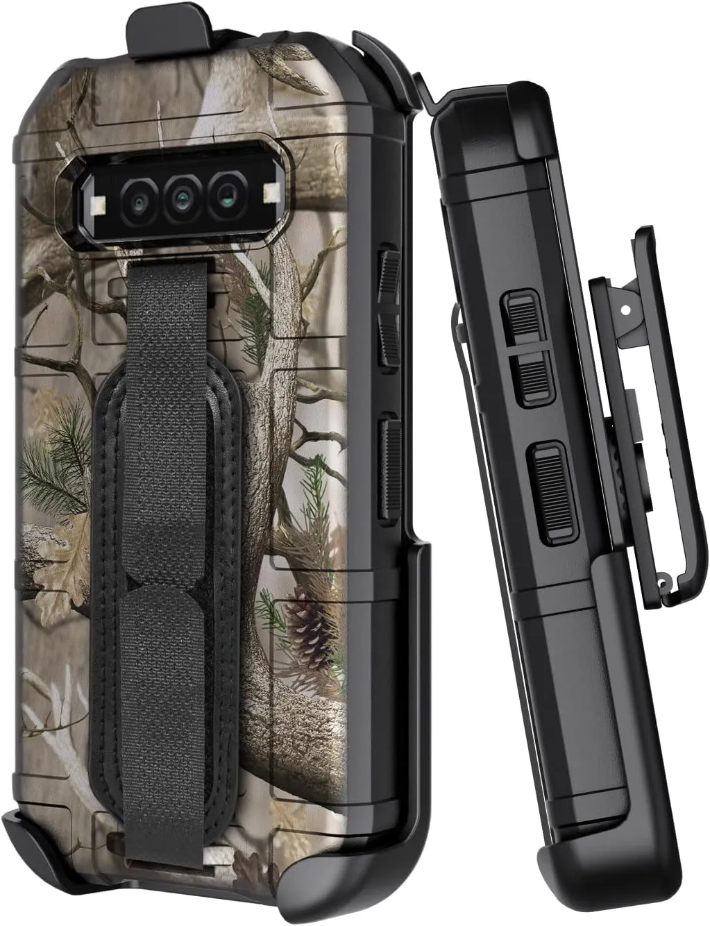 Case   Hand Strap   Holster Combo for Kyocera DuraForce Pro 3 Phone, Nakedcellphone Special Ops Camouflage Rugged Shield Cover and Ratchet Belt Clip Holder - Tree Real Woods Camo Design
