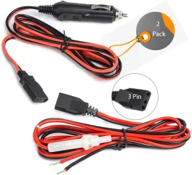 CB Radio Power Cord/Cables 2-Wire 15A 3-Pin With 12V Cigarette Lighter Plug (2 Pack)