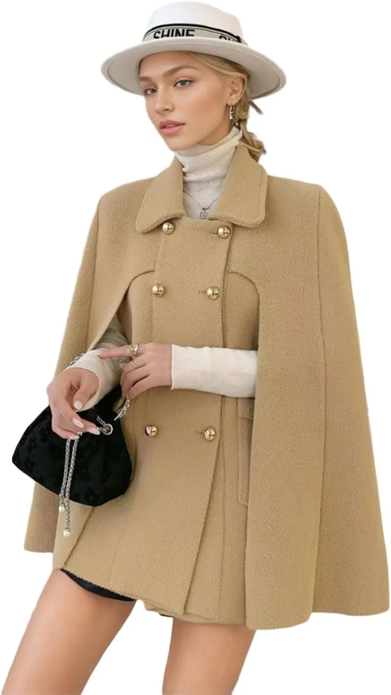 CHARTOU Women's Elegant Poncho Double-Breast Slit Sleeve Flowy Wool Blend Cape Cloak Coat