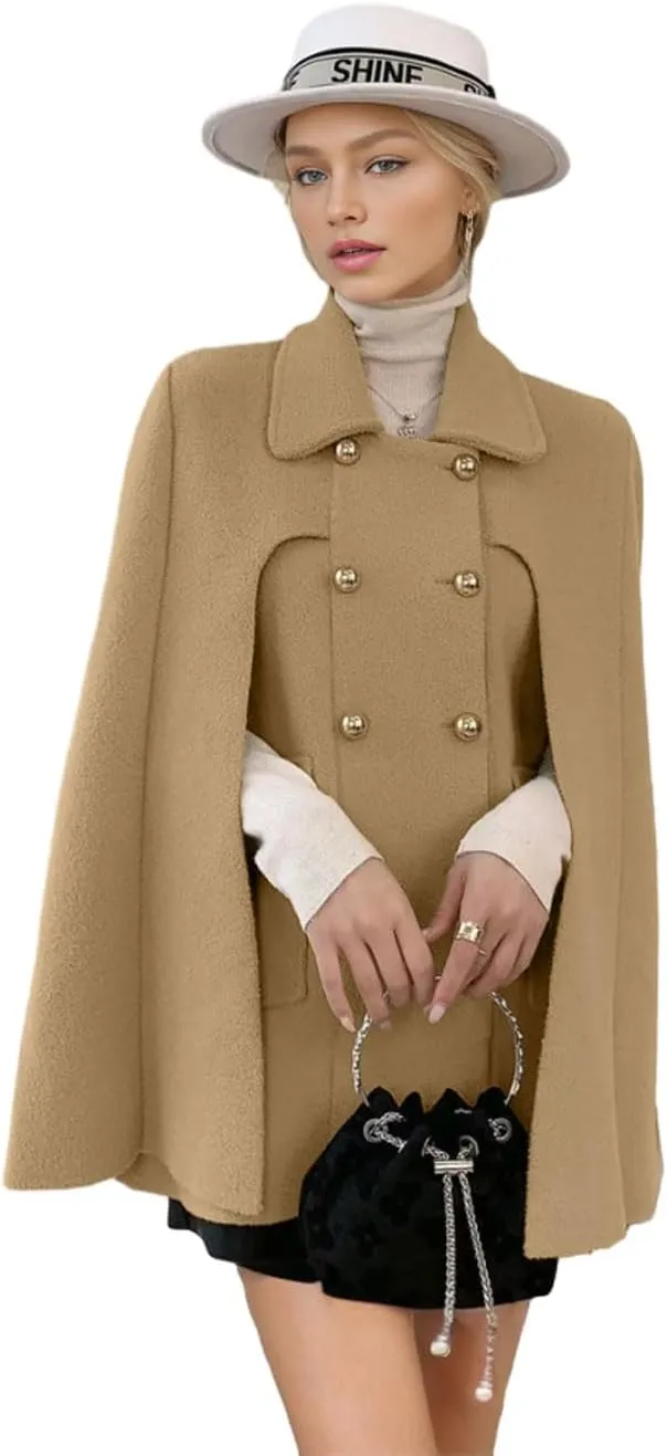 CHARTOU Women's Elegant Poncho Double-Breast Slit Sleeve Flowy Wool Blend Cape Cloak Coat