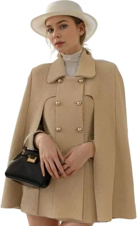 CHARTOU Women's Elegant Poncho Double-Breast Slit Sleeve Flowy Wool Blend Cape Cloak Coat