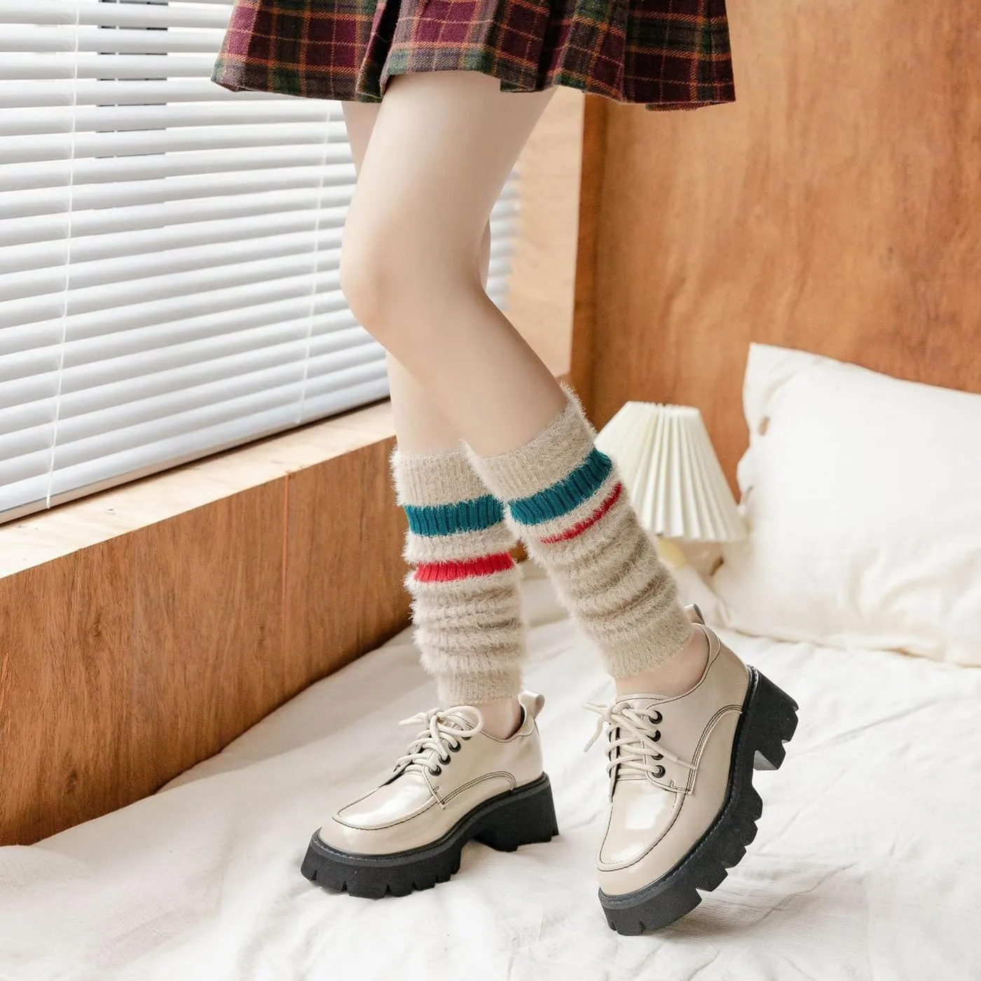 CHUNFO Womens Warm Leg Warmers Cute Calf Wool Cotton Striped Oversleeve Soft Knitted Leggings Casual Athlete Pilates