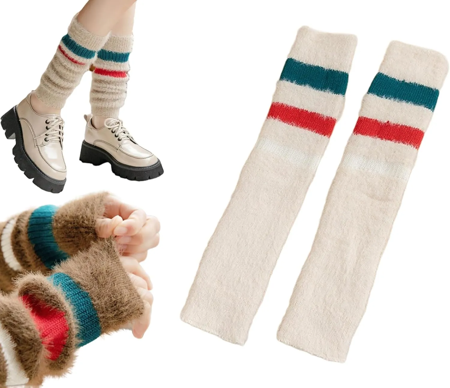 CHUNFO Womens Warm Leg Warmers Cute Calf Wool Cotton Striped Oversleeve Soft Knitted Leggings Casual Athlete Pilates