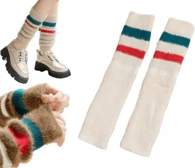 CHUNFO Womens Warm Leg Warmers Cute Calf Wool Cotton Striped Oversleeve Soft Knitted Leggings Casual Athlete Pilates