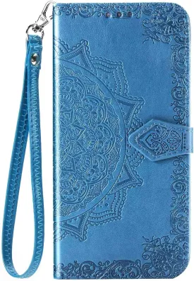 Compatible with iPhone 12 Pro Max Case 6.7 inch(2020),Wallet Case for Women and Girls,Premium Strap with Card Holder,3D Embossed Datura Flower,Pu Leather Flip-Blue