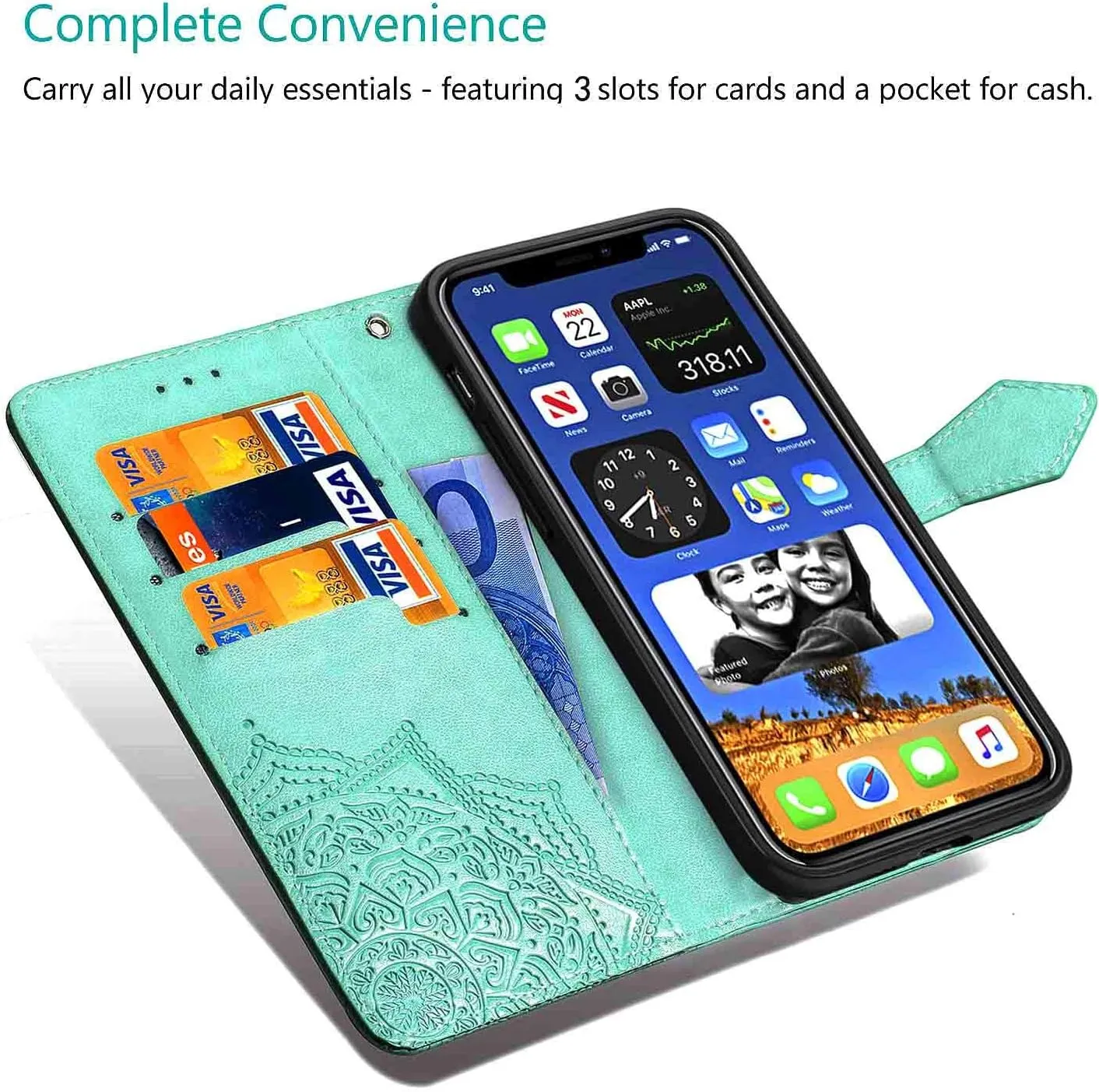 Compatible with iPhone 12 Pro Max Case 6.7 inch(2020),Wallet Case for Women and Girls,Premium Strap with Card Holder,3D Embossed Datura Flower,Pu Leather Flip-Blue