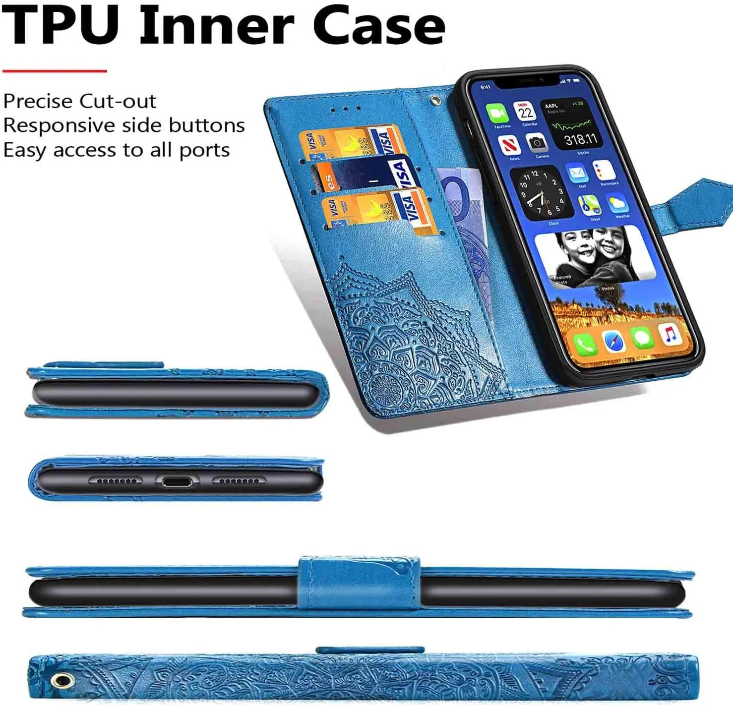 Compatible with iPhone 12 Pro Max Case 6.7 inch(2020),Wallet Case for Women and Girls,Premium Strap with Card Holder,3D Embossed Datura Flower,Pu Leather Flip-Blue