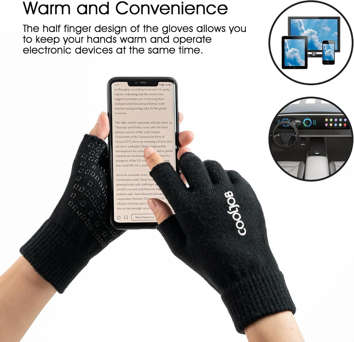 COOLJOB 2 Pairs Warm Knit Half Finger Winter Gloves for Men Women, Fingerless Stretchy Mittens with Non-Slip Silicone Grip