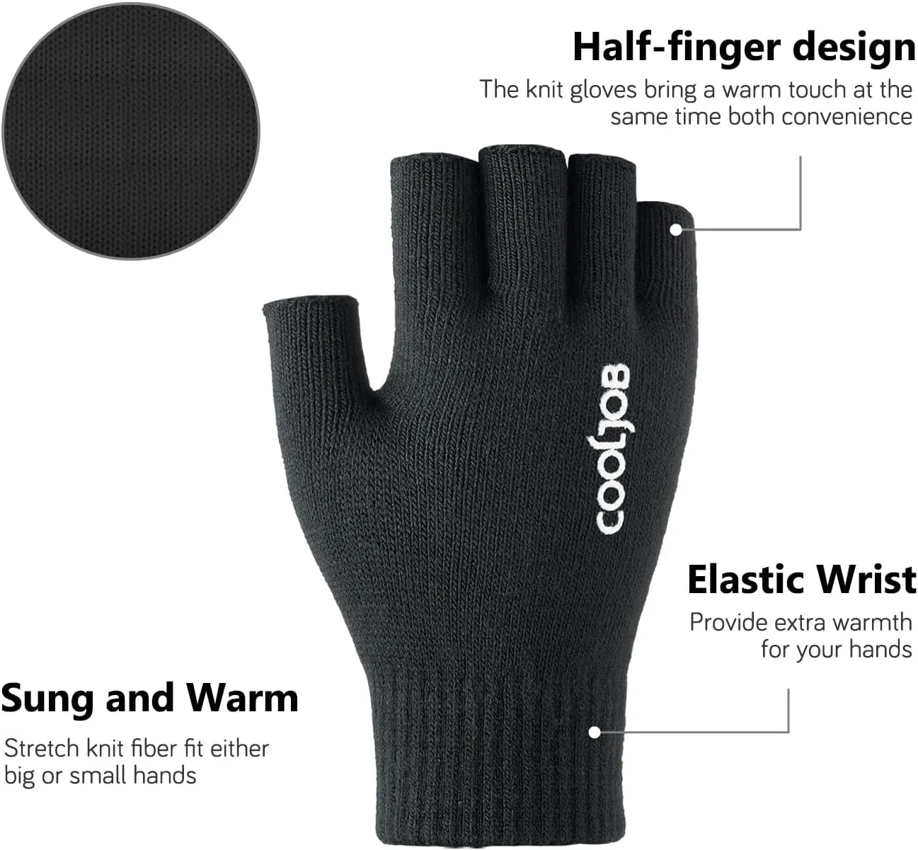 COOLJOB 2 Pairs Warm Knit Half Finger Winter Gloves for Men Women, Fingerless Stretchy Mittens with Non-Slip Silicone Grip