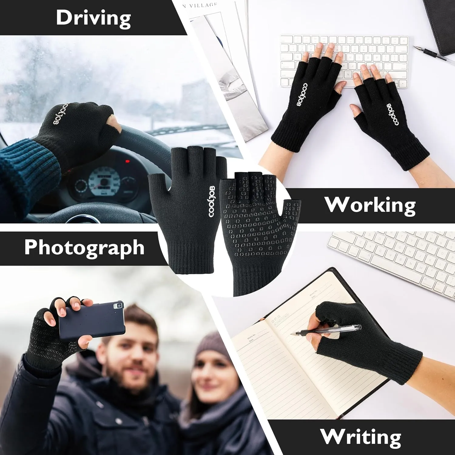 COOLJOB 2 Pairs Warm Knit Half Finger Winter Gloves for Men Women, Fingerless Stretchy Mittens with Non-Slip Silicone Grip