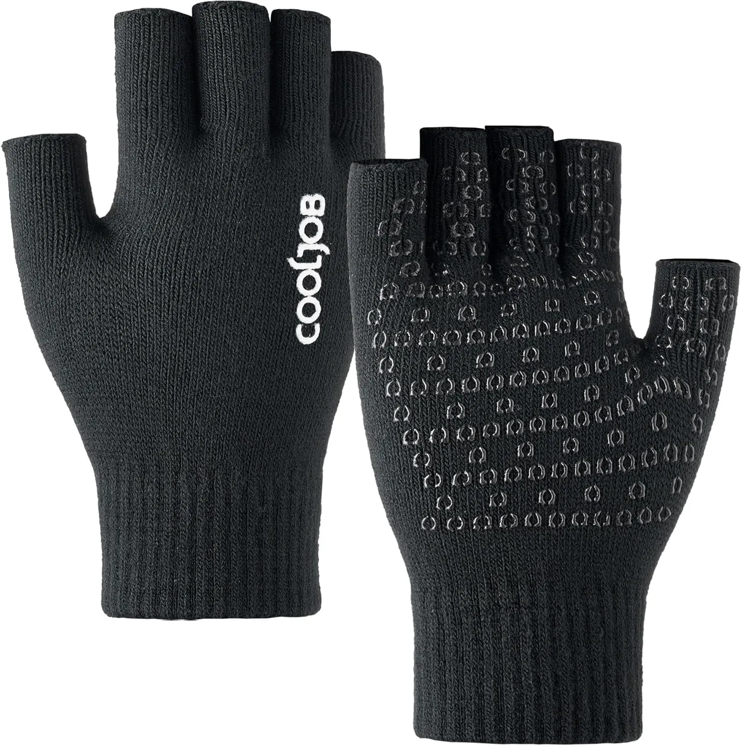 COOLJOB 2 Pairs Warm Knit Half Finger Winter Gloves for Men Women, Fingerless Stretchy Mittens with Non-Slip Silicone Grip