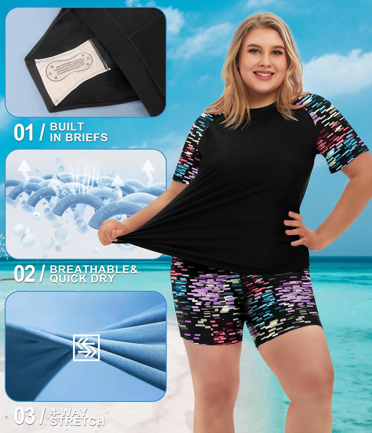 COOTRY Womens 2 Piece Plus Size Rash Guard Swimwear Short Sleeve Swimsuits Bathing Suit Swim Shirt and Shorts UPF 50 