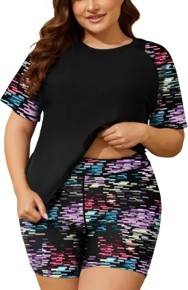 COOTRY Womens 2 Piece Plus Size Rash Guard Swimwear Short Sleeve Swimsuits Bathing Suit Swim Shirt and Shorts UPF 50 