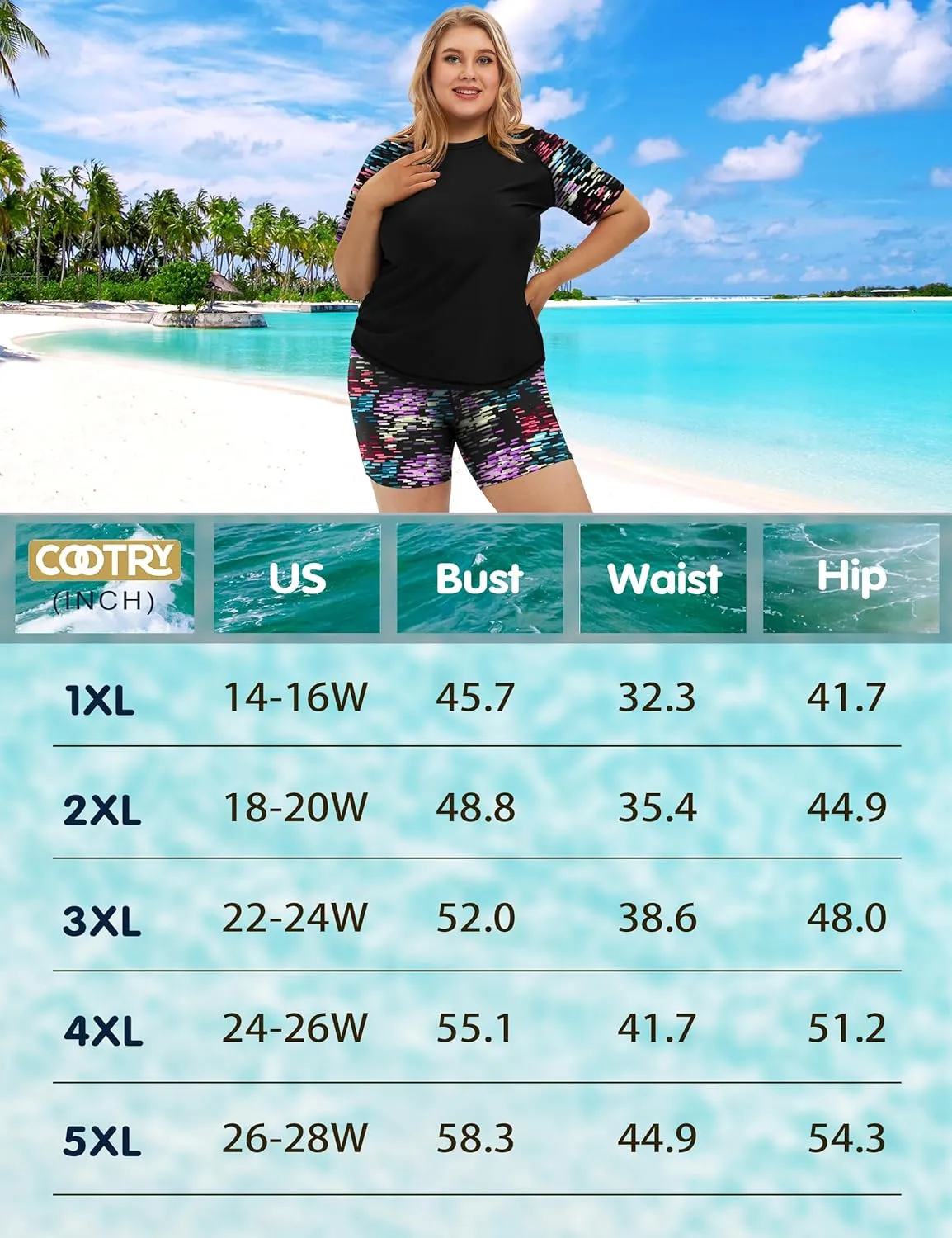 COOTRY Womens 2 Piece Plus Size Rash Guard Swimwear Short Sleeve Swimsuits Bathing Suit Swim Shirt and Shorts UPF 50 