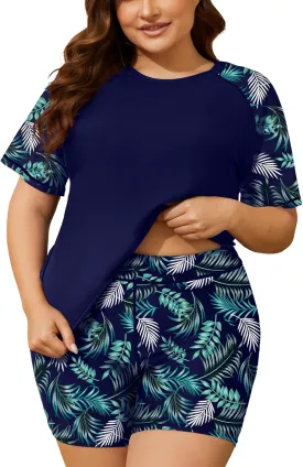 COOTRY Womens 2 Piece Plus Size Rash Guard Swimwear Short Sleeve Swimsuits Bathing Suit Swim Shirt and Shorts UPF 50 