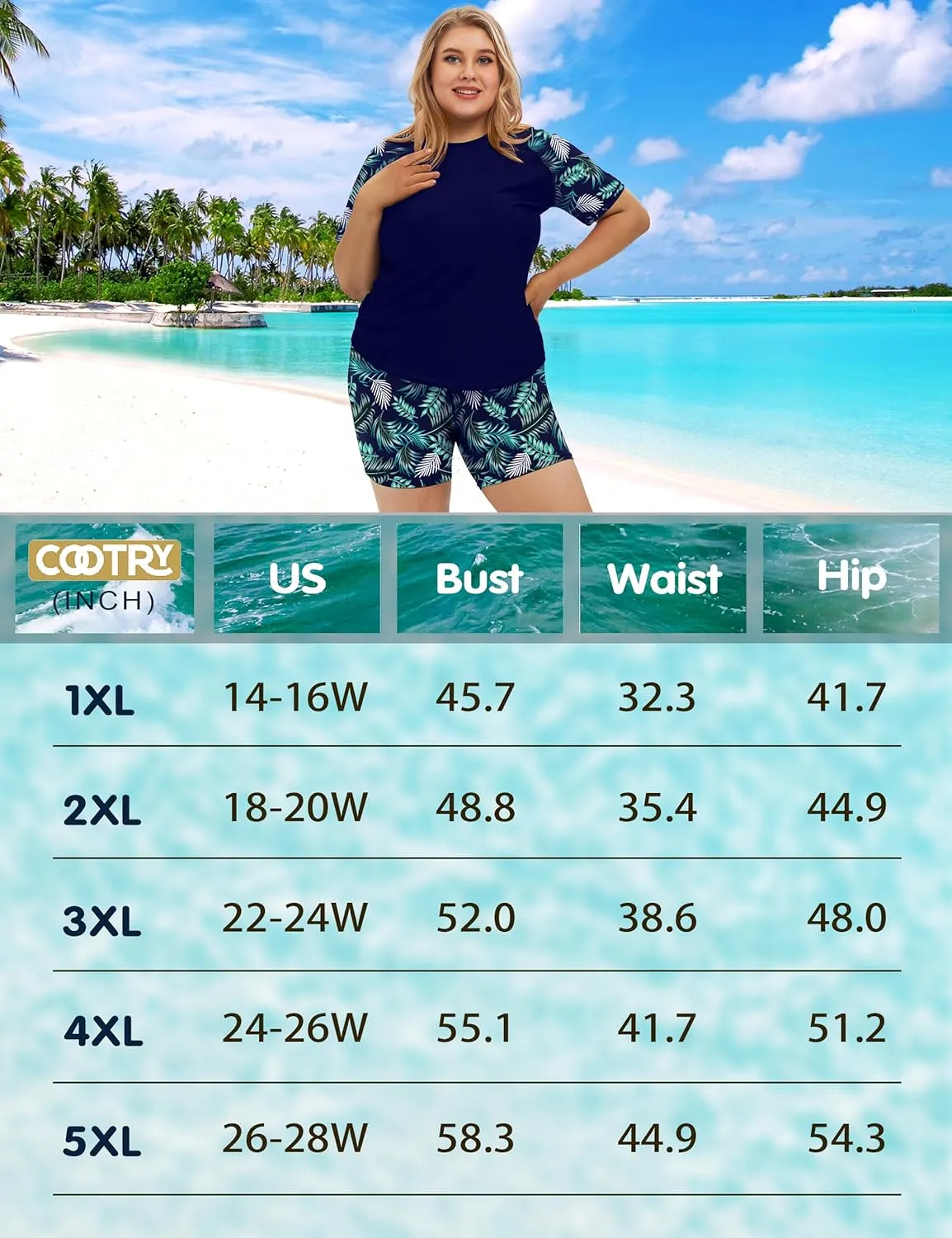 COOTRY Womens 2 Piece Plus Size Rash Guard Swimwear Short Sleeve Swimsuits Bathing Suit Swim Shirt and Shorts UPF 50 
