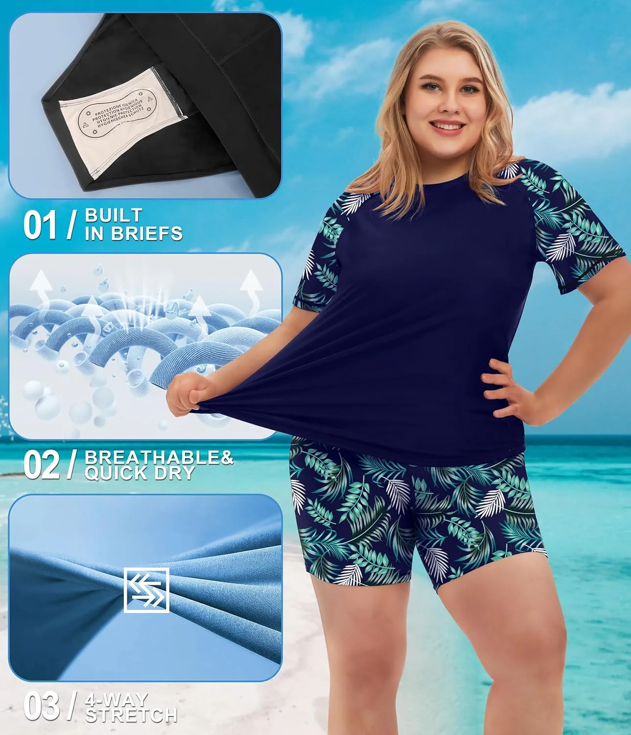 COOTRY Womens 2 Piece Plus Size Rash Guard Swimwear Short Sleeve Swimsuits Bathing Suit Swim Shirt and Shorts UPF 50 