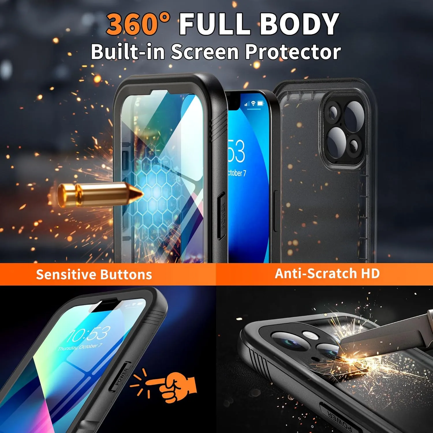 Cozycase Compatible with iPhone 13 Waterproof Case - Full Body Dustproof Shockproof Built-in Screen Protector Rugged Waterproof Case for iPhone 13 6.1 Inch Black
