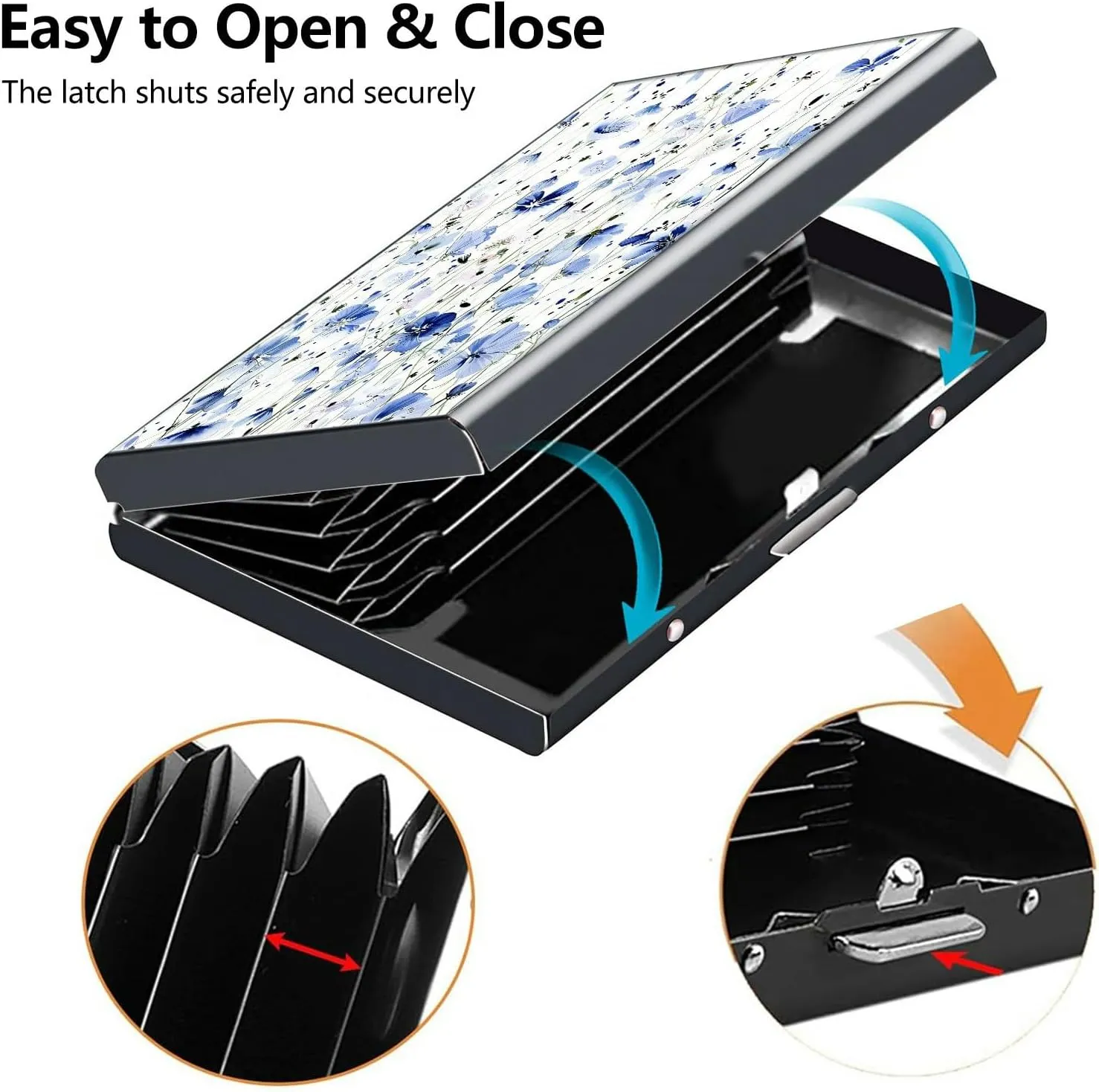 Credit Card Holder, Blue Flowers Design Mini RFID Blocking Aluminum Wallet Slim Metal Hard Case Shell Travel Wallet ID Case Small Credit Cards Case Business Cards for Women Men Girls