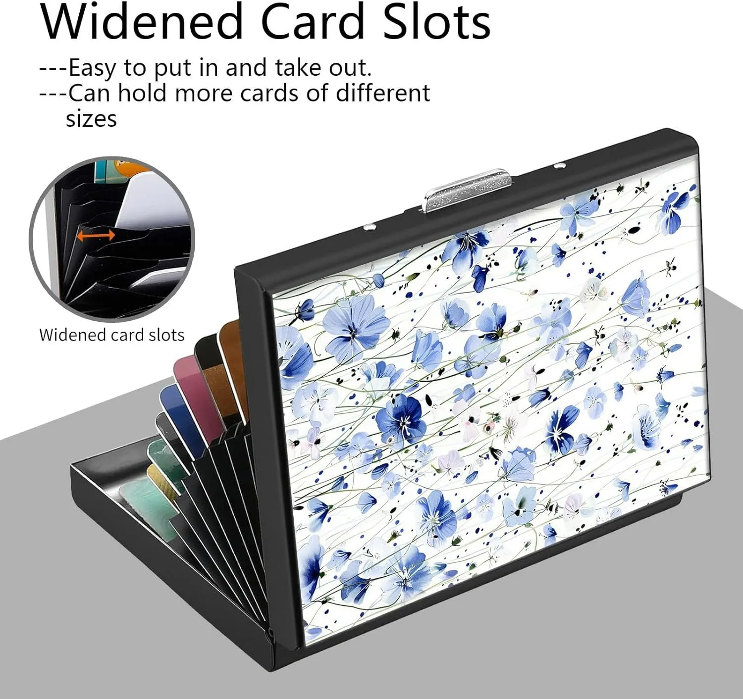 Credit Card Holder, Blue Flowers Design Mini RFID Blocking Aluminum Wallet Slim Metal Hard Case Shell Travel Wallet ID Case Small Credit Cards Case Business Cards for Women Men Girls