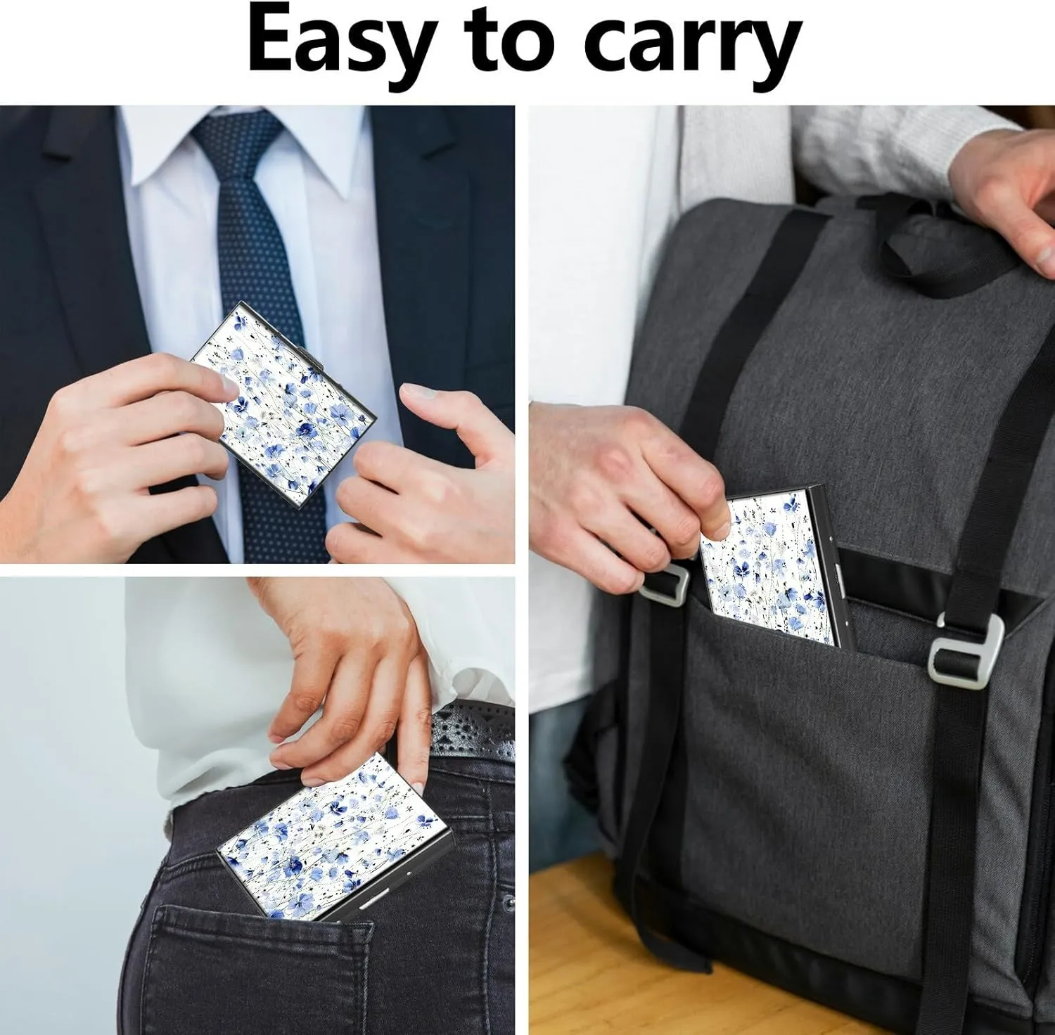 Credit Card Holder, Blue Flowers Design Mini RFID Blocking Aluminum Wallet Slim Metal Hard Case Shell Travel Wallet ID Case Small Credit Cards Case Business Cards for Women Men Girls