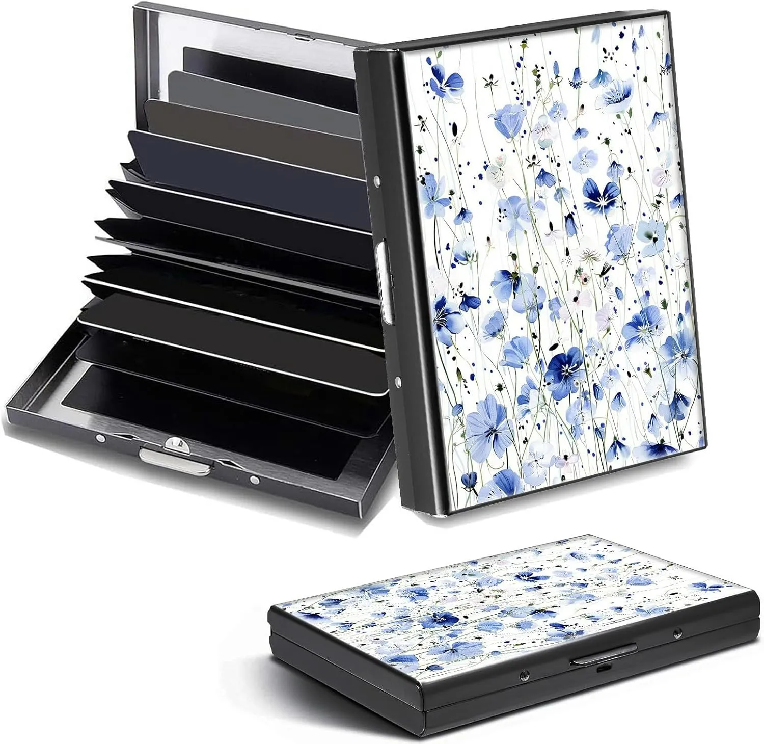 Credit Card Holder, Blue Flowers Design Mini RFID Blocking Aluminum Wallet Slim Metal Hard Case Shell Travel Wallet ID Case Small Credit Cards Case Business Cards for Women Men Girls