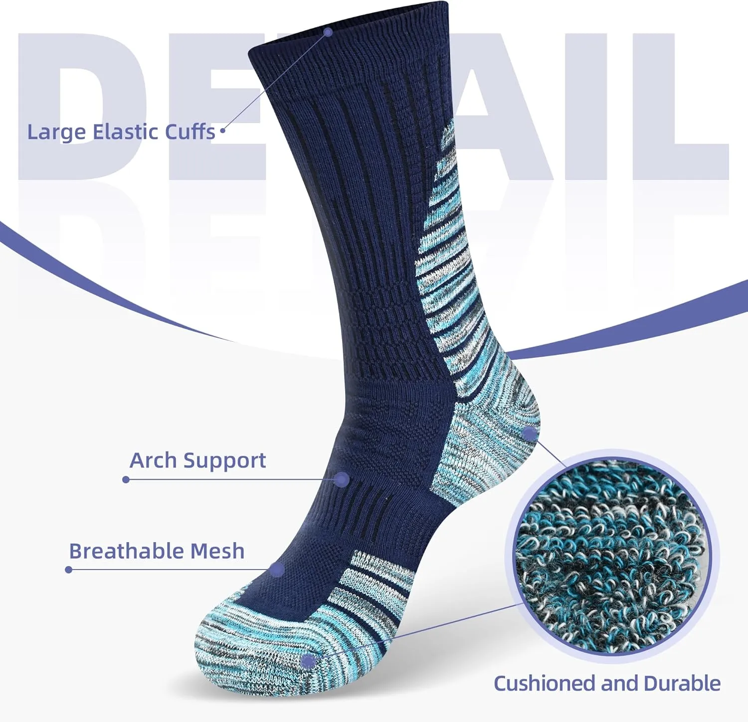 DarkCom Men and Women Crew Socks for Work, Hiking, Running and Athletic Sports, 5 Pairs Cushioned Support Boot Socks