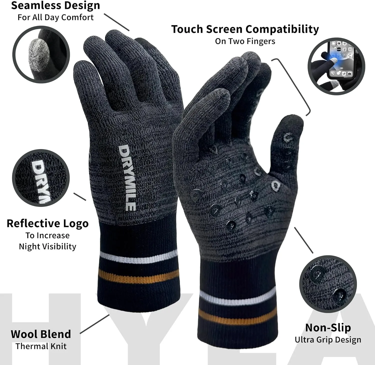 DRYMILE Hyla Waterproof Gloves - Warm Touchscreen Winter Snow Wool Blend Hand Gloves for Men & Women - Work, Hiking, Skiing, Running, Biking, Riding Glove, Ideal for Cold Weather