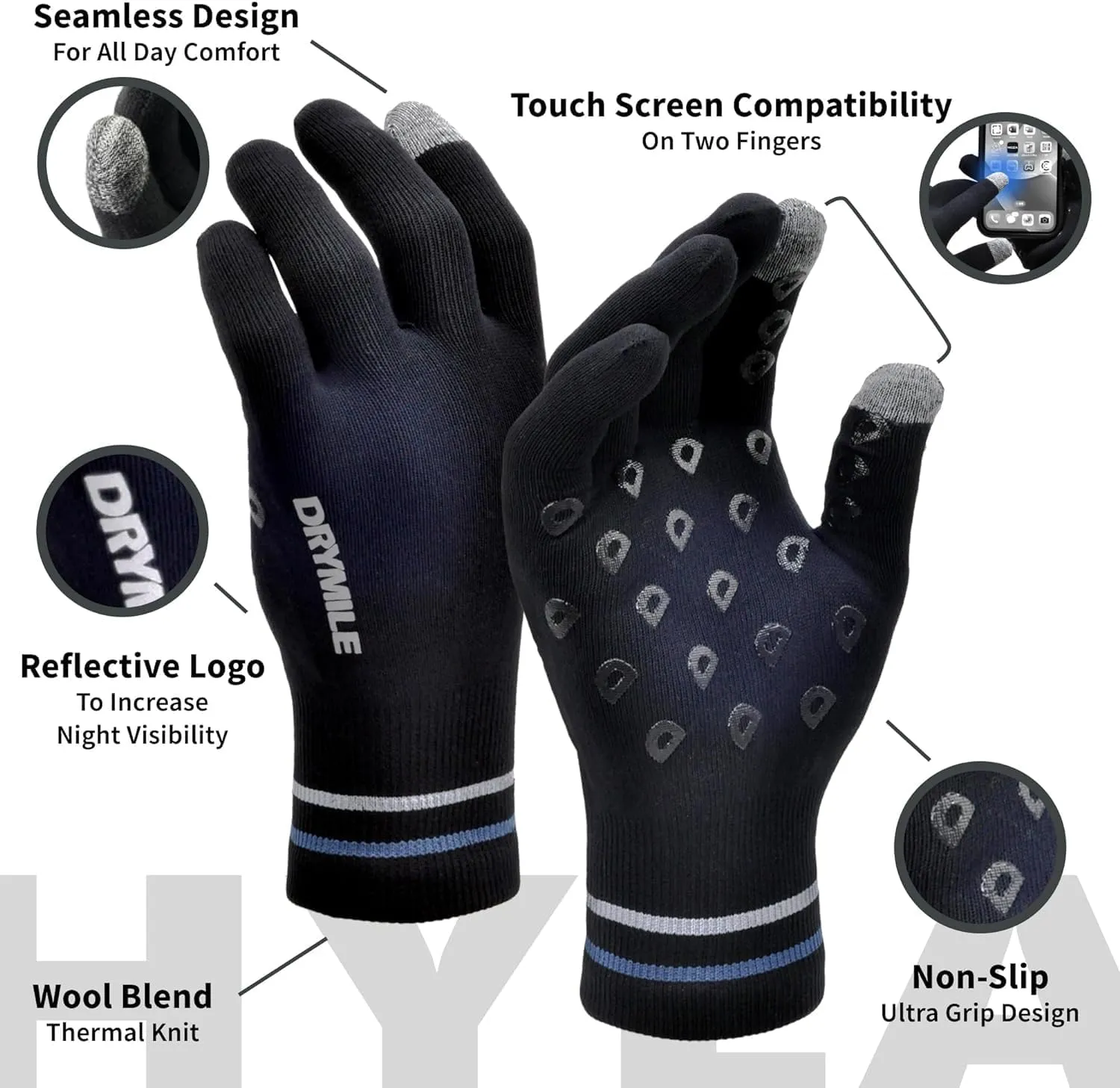 DRYMILE Hyla Waterproof Gloves - Warm Touchscreen Winter Snow Wool Blend Hand Gloves for Men & Women - Work, Hiking, Skiing, Running, Biking, Riding Glove, Ideal for Cold Weather