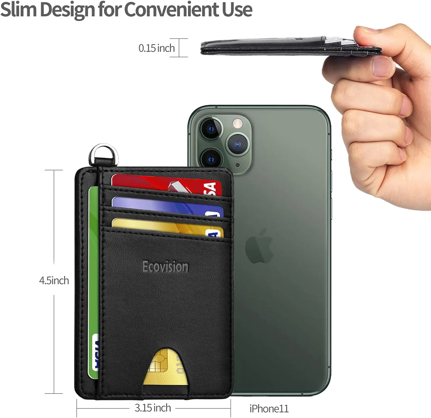 EcoVision Slim Minimalist Front Pocket Wallet, RFID Blocking Credit Card Holder Wallet with Detachable D-Shackle for Men Women