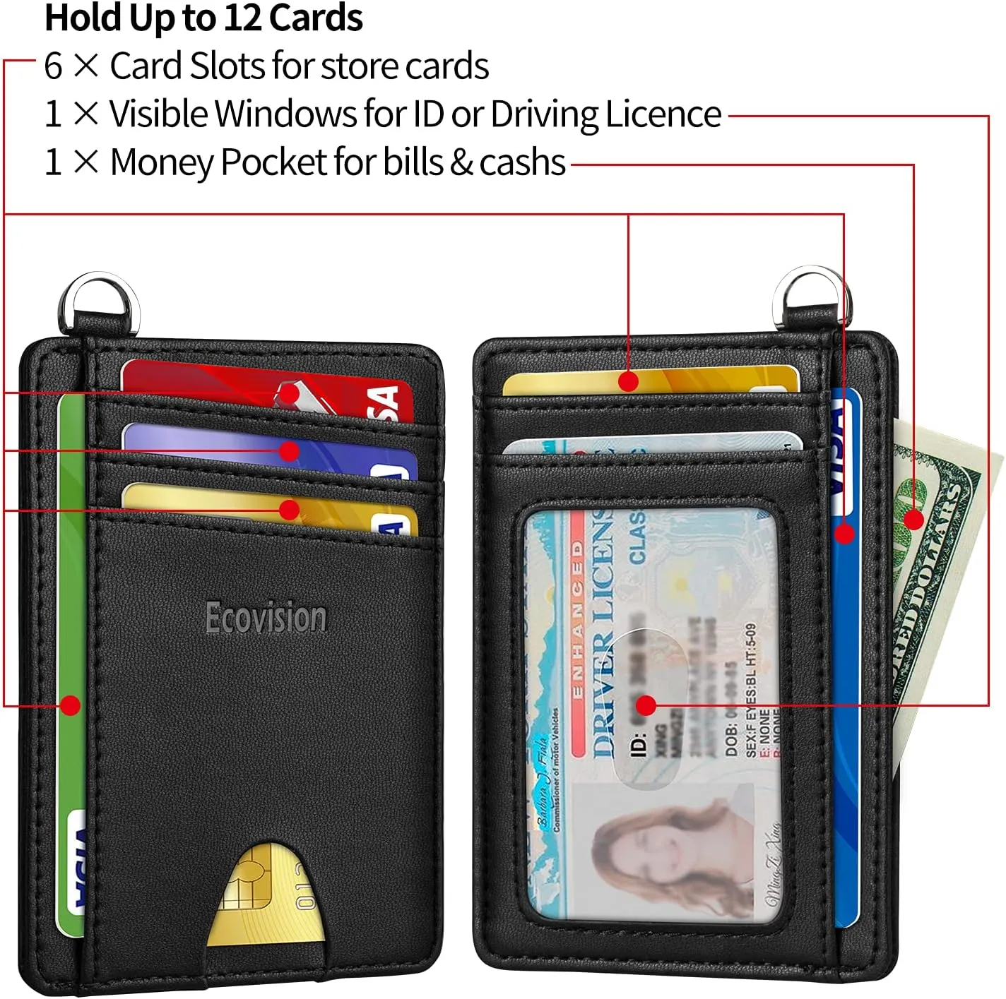 EcoVision Slim Minimalist Front Pocket Wallet, RFID Blocking Credit Card Holder Wallet with Detachable D-Shackle for Men Women