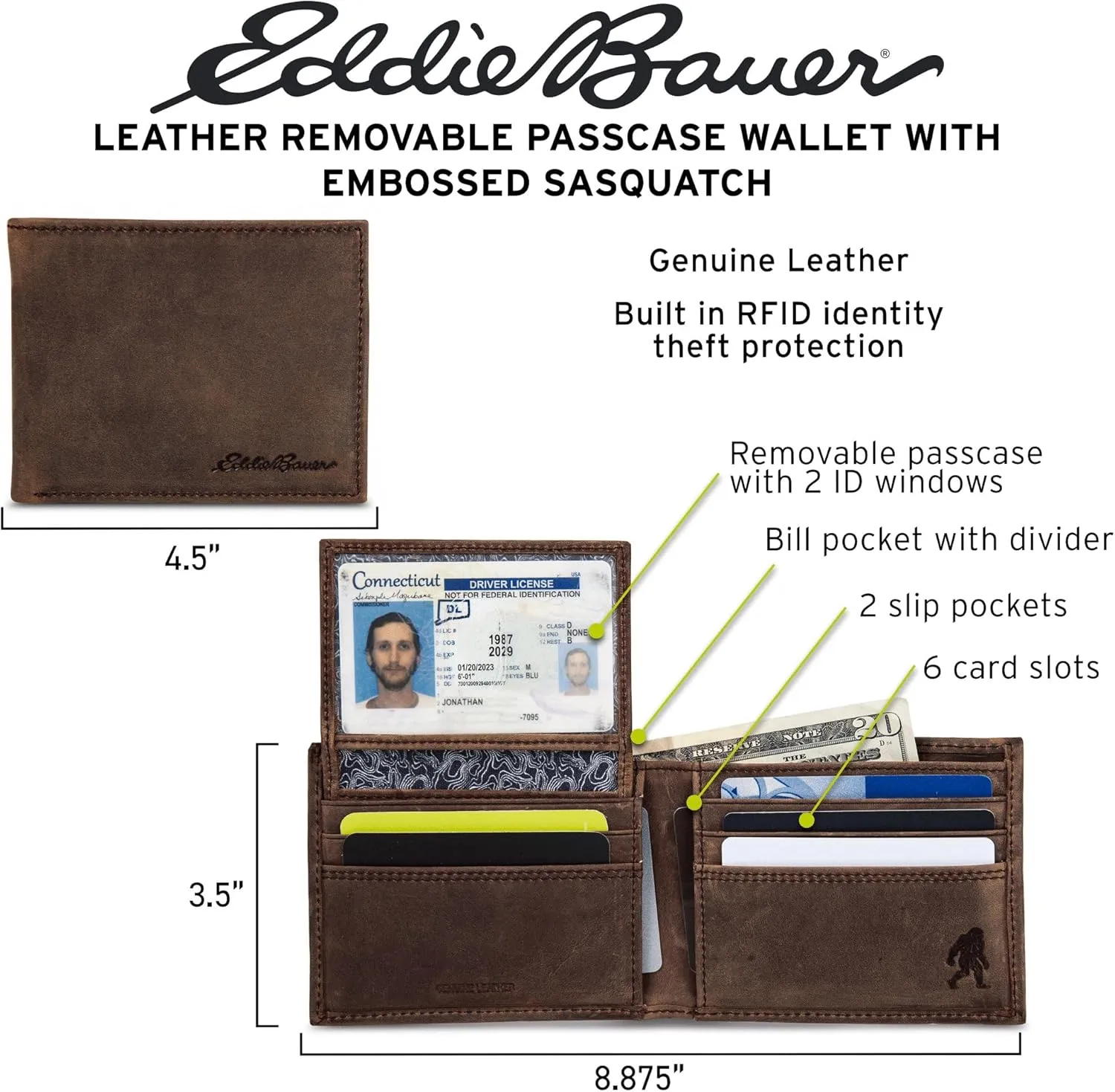 Eddie Bauer Men Signature Leather Bifold Passcase Wallet