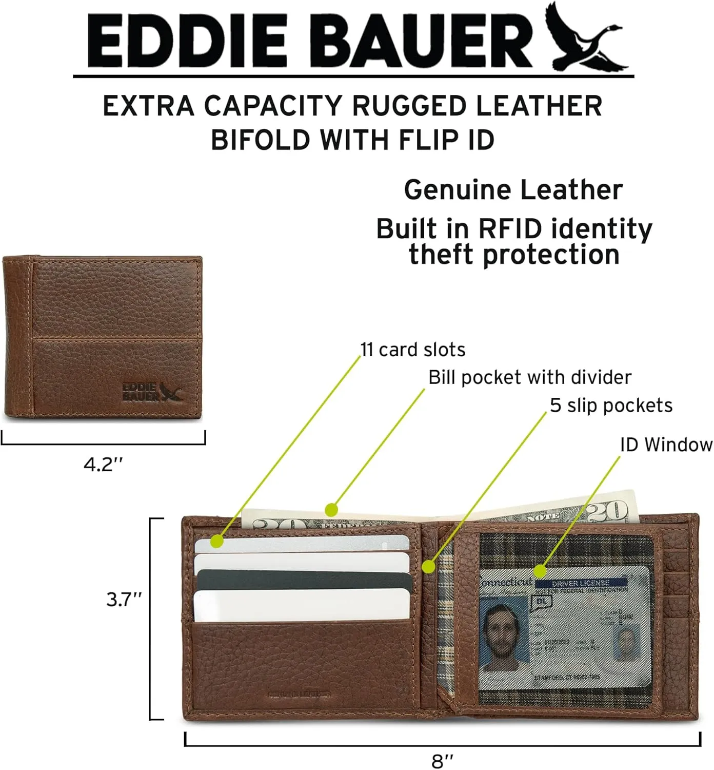 Eddie Bauer Men Signature Leather Bifold Passcase Wallet