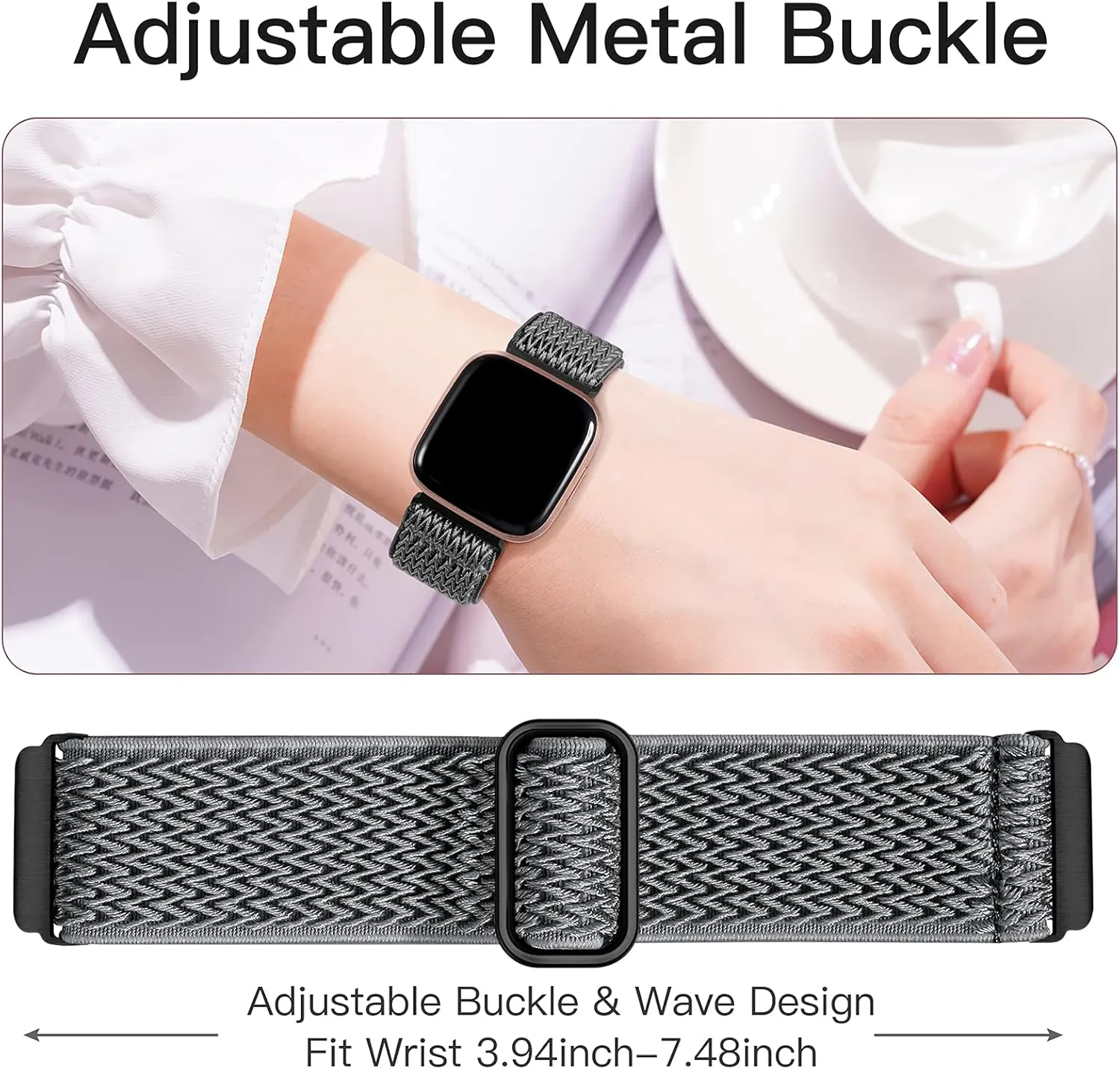 Elastic Bands Compatible with Fitbit Versa 2 Band Women Men, 2Pack Soft Adjustable Nylon Breathable Sport Band for Versa/Versa 2/Versa Lite/SE Smartwatch Loop Stretchy Wristband, Black & Gray