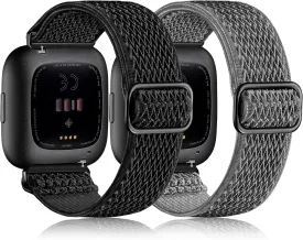 Elastic Bands Compatible with Fitbit Versa 2 Band Women Men, 2Pack Soft Adjustable Nylon Breathable Sport Band for Versa/Versa 2/Versa Lite/SE Smartwatch Loop Stretchy Wristband, Black & Gray
