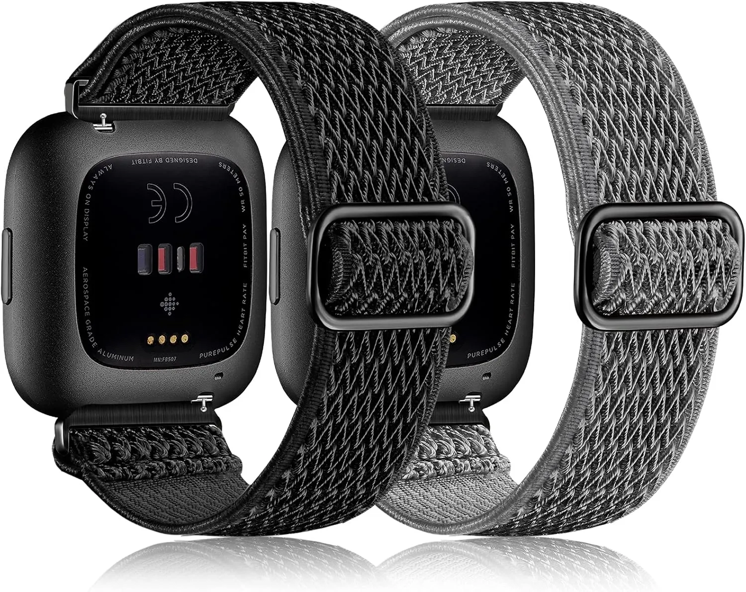 Elastic Bands Compatible with Fitbit Versa 2 Band Women Men, 2Pack Soft Adjustable Nylon Breathable Sport Band for Versa/Versa 2/Versa Lite/SE Smartwatch Loop Stretchy Wristband, Black & Gray
