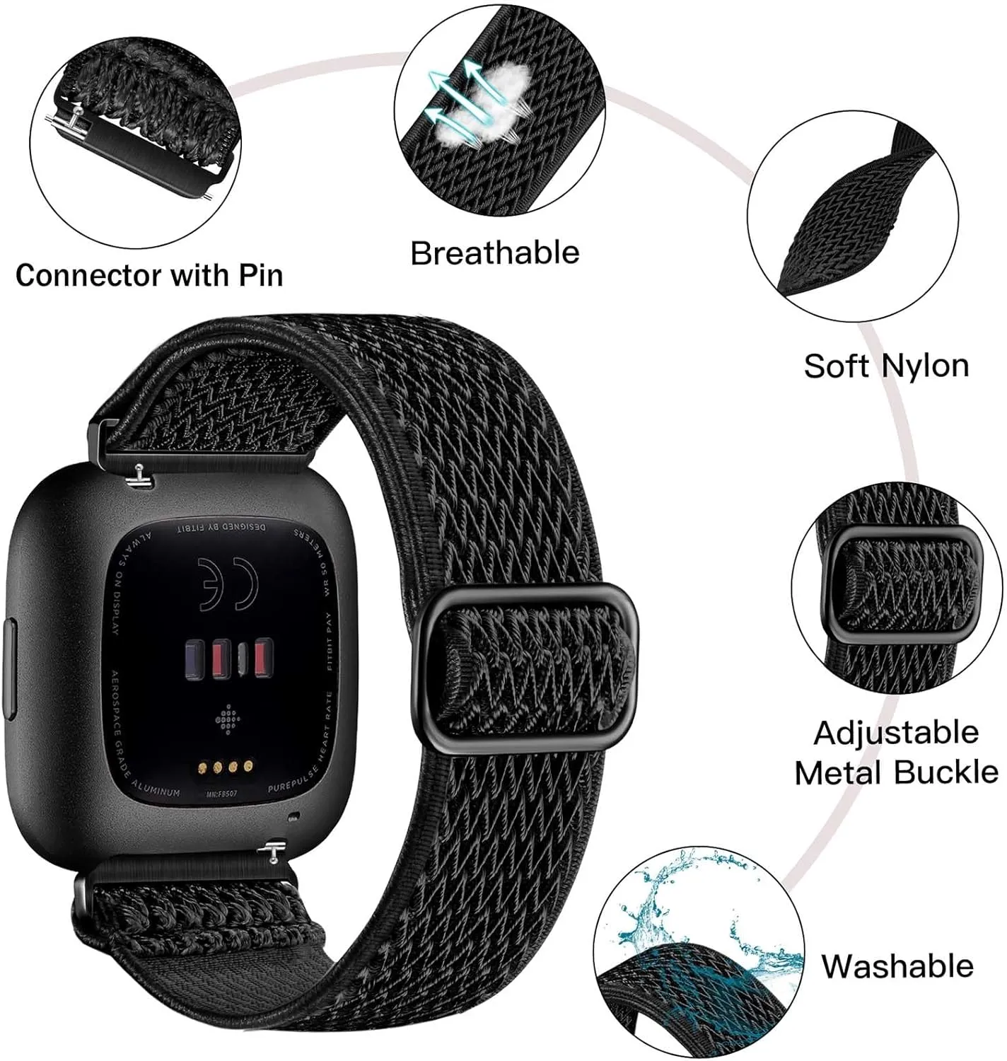 Elastic Bands Compatible with Fitbit Versa 2 Band Women Men, 2Pack Soft Adjustable Nylon Breathable Sport Band for Versa/Versa 2/Versa Lite/SE Smartwatch Loop Stretchy Wristband, Black & Gray