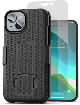 Encased DuraClip Designed for iPhone 15 Case with Belt Clip Phone Holster and Tempered Glass Screen Protector (Matte Black)