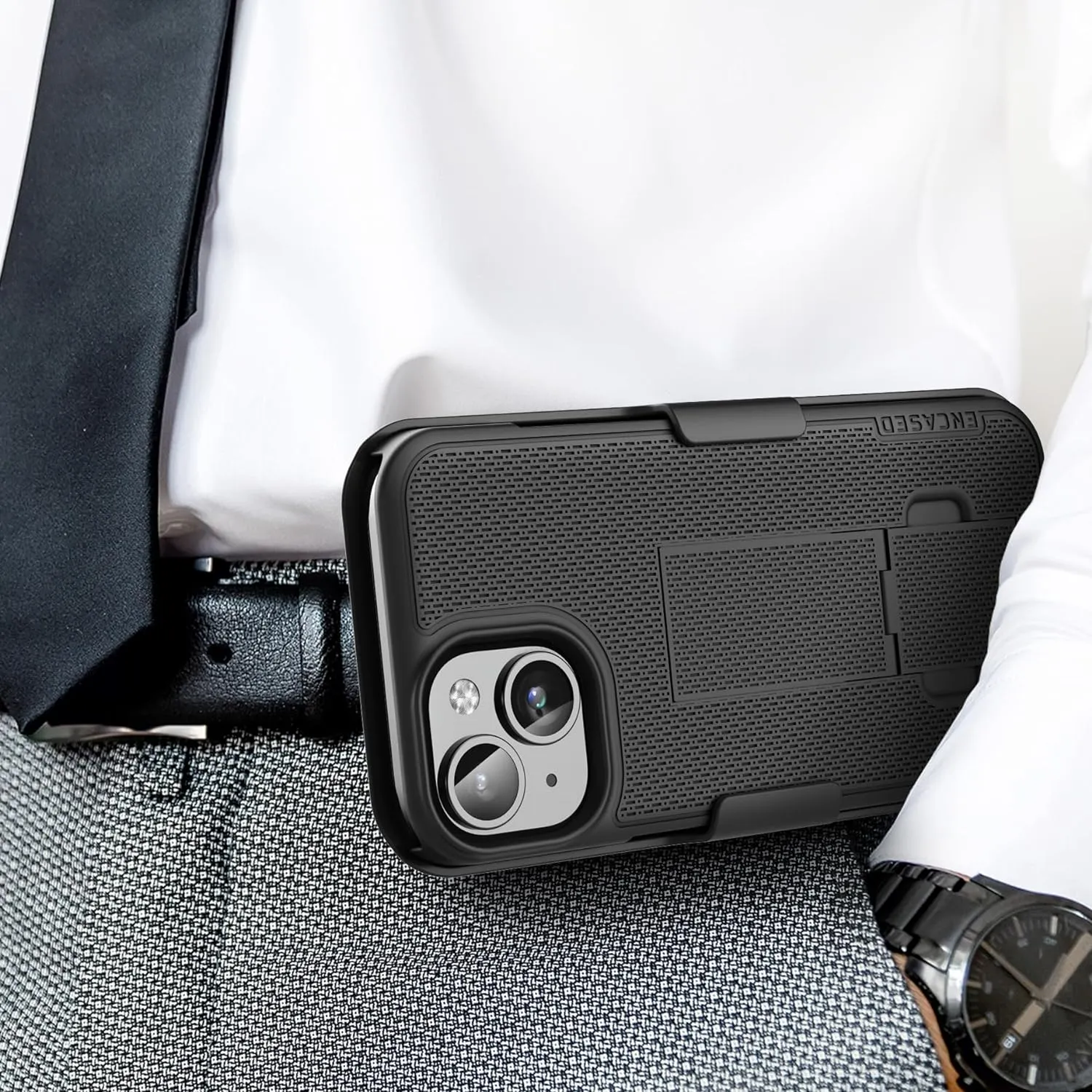 Encased DuraClip Designed for iPhone 15 Case with Belt Clip Phone Holster and Tempered Glass Screen Protector (Matte Black)