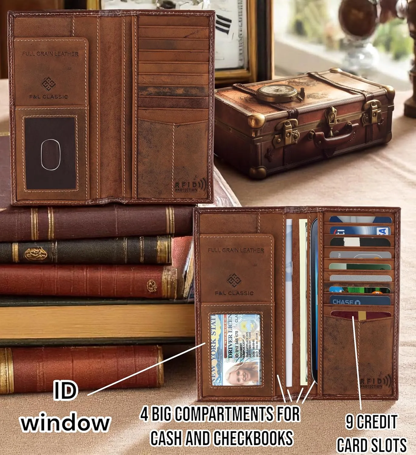 F&L CLASSIC Men's RFID Vintage Look Genuine Leather Long Bifold Wallet Checkbook Wallets,brown,240-80