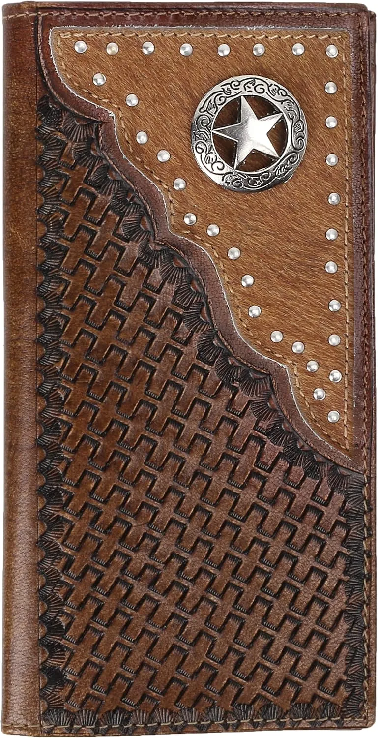 F&L CLASSIC Men's RFID Vintage Look Genuine Leather Long Bifold Wallet Checkbook Wallets,brown,240-80