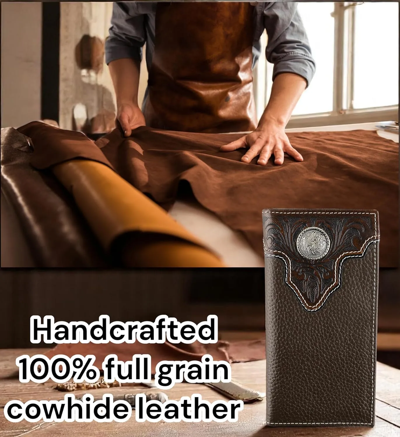 F&L CLASSIC Men's RFID Vintage Look Genuine Leather Long Bifold Wallet Checkbook Wallets,brown,240-81