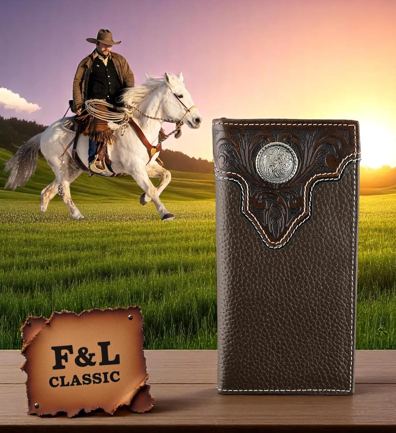 F&L CLASSIC Men's RFID Vintage Look Genuine Leather Long Bifold Wallet Checkbook Wallets,brown,240-81