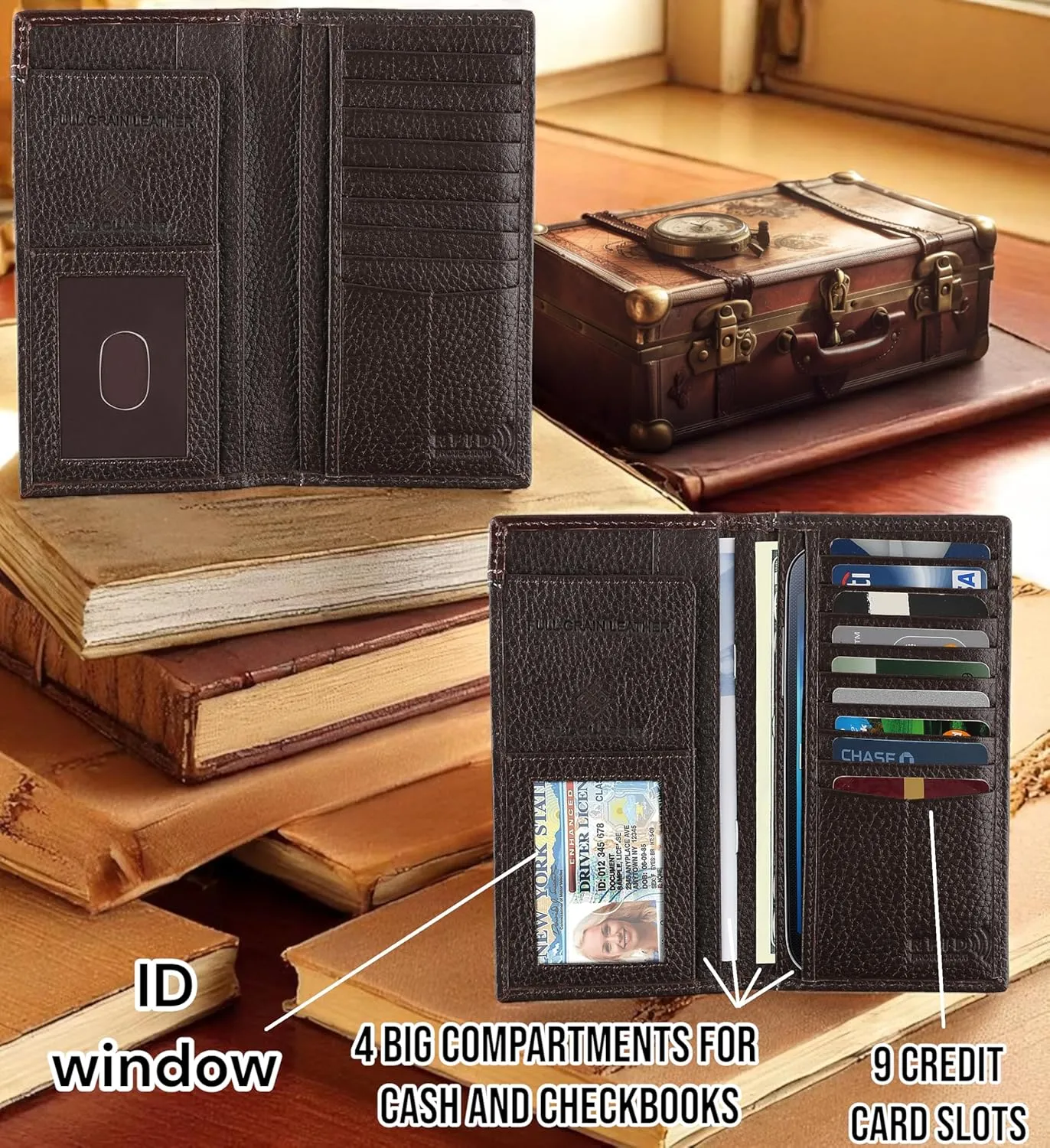 F&L CLASSIC Men's RFID Vintage Look Genuine Leather Long Bifold Wallet Checkbook Wallets,brown,240-81