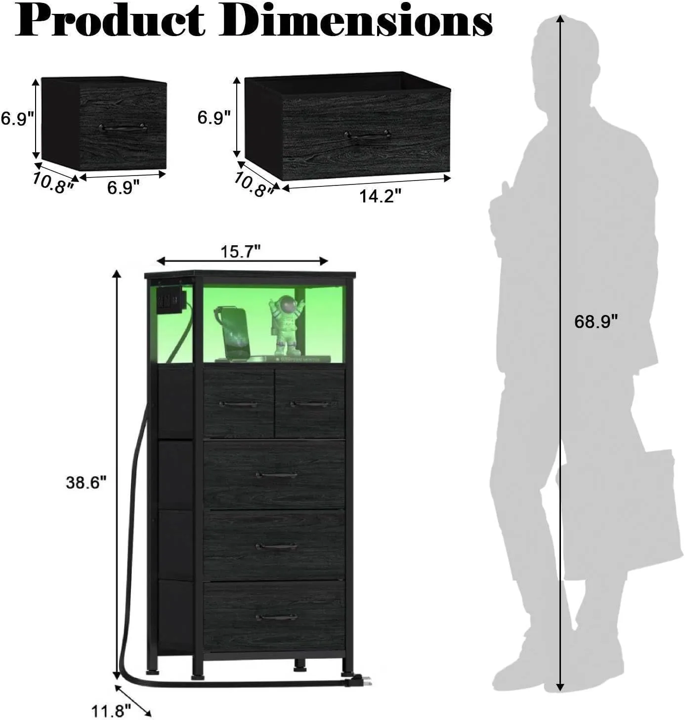Furnulem Dresser for Bedroom, Tall Nightstand, Vertical Chest with Wood Top, Charging Station, LED Lights, 5 Fabric Bins, Bedside Table with Shelf, Furniture for Entryway (5 Drawer, Black Oak)