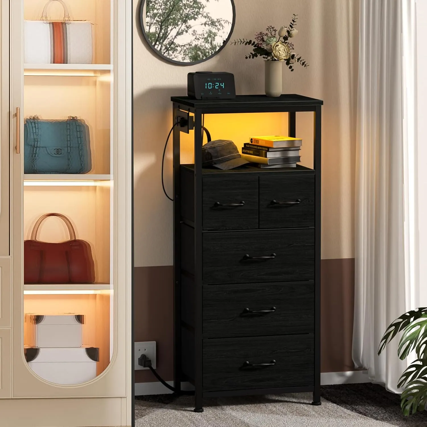 Furnulem Dresser for Bedroom, Tall Nightstand, Vertical Chest with Wood Top, Charging Station, LED Lights, 5 Fabric Bins, Bedside Table with Shelf, Furniture for Entryway (5 Drawer, Black Oak)