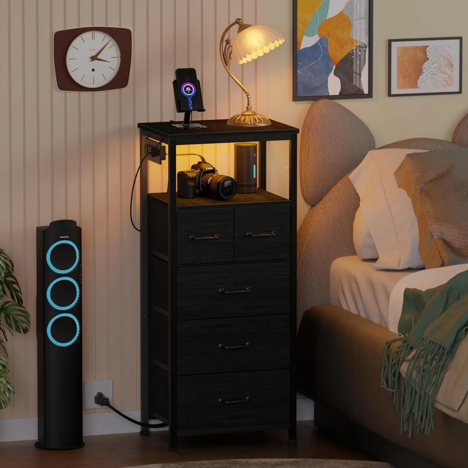 Furnulem Dresser for Bedroom, Tall Nightstand, Vertical Chest with Wood Top, Charging Station, LED Lights, 5 Fabric Bins, Bedside Table with Shelf, Furniture for Entryway (5 Drawer, Black Oak)