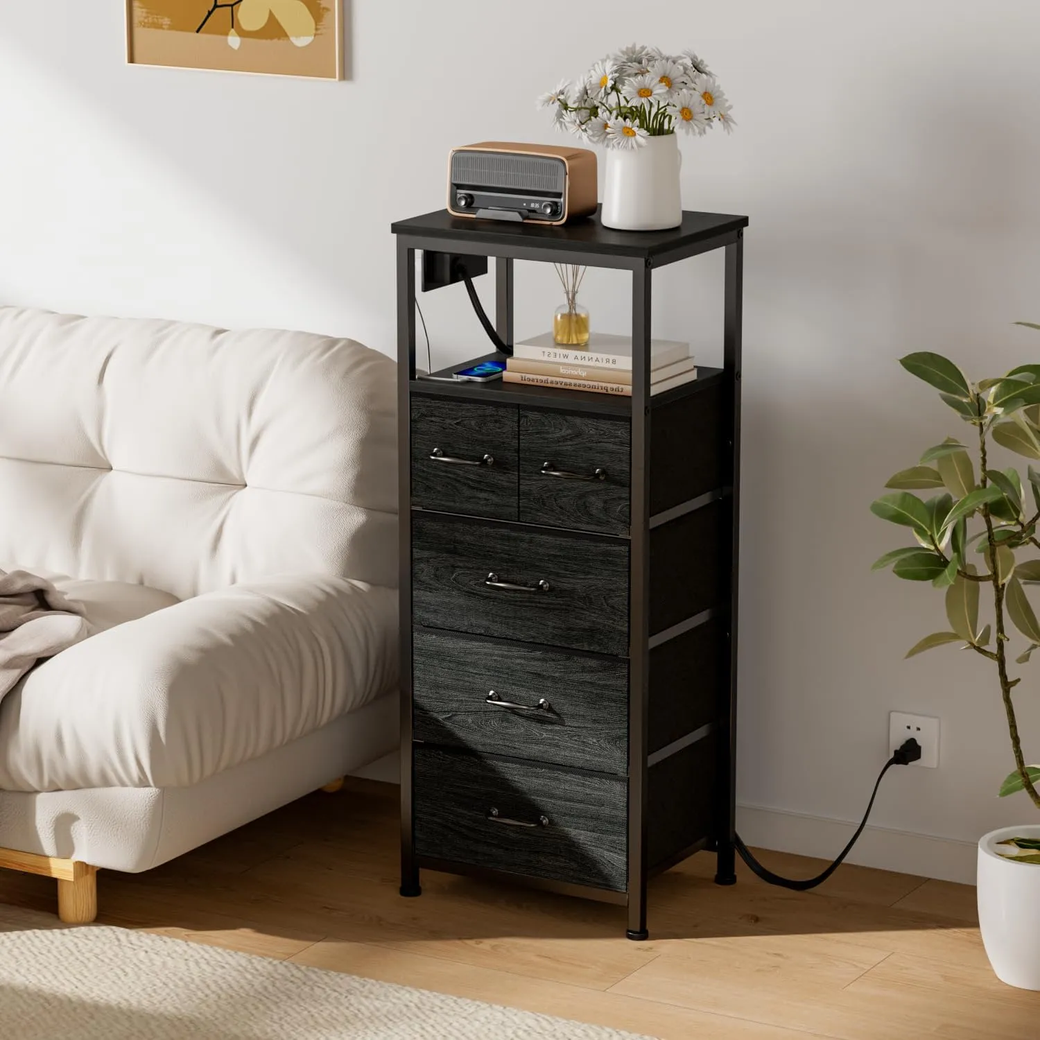 Furnulem Dresser for Bedroom, Tall Nightstand, Vertical Chest with Wood Top, Charging Station, LED Lights, 5 Fabric Bins, Bedside Table with Shelf, Furniture for Entryway (5 Drawer, Black Oak)