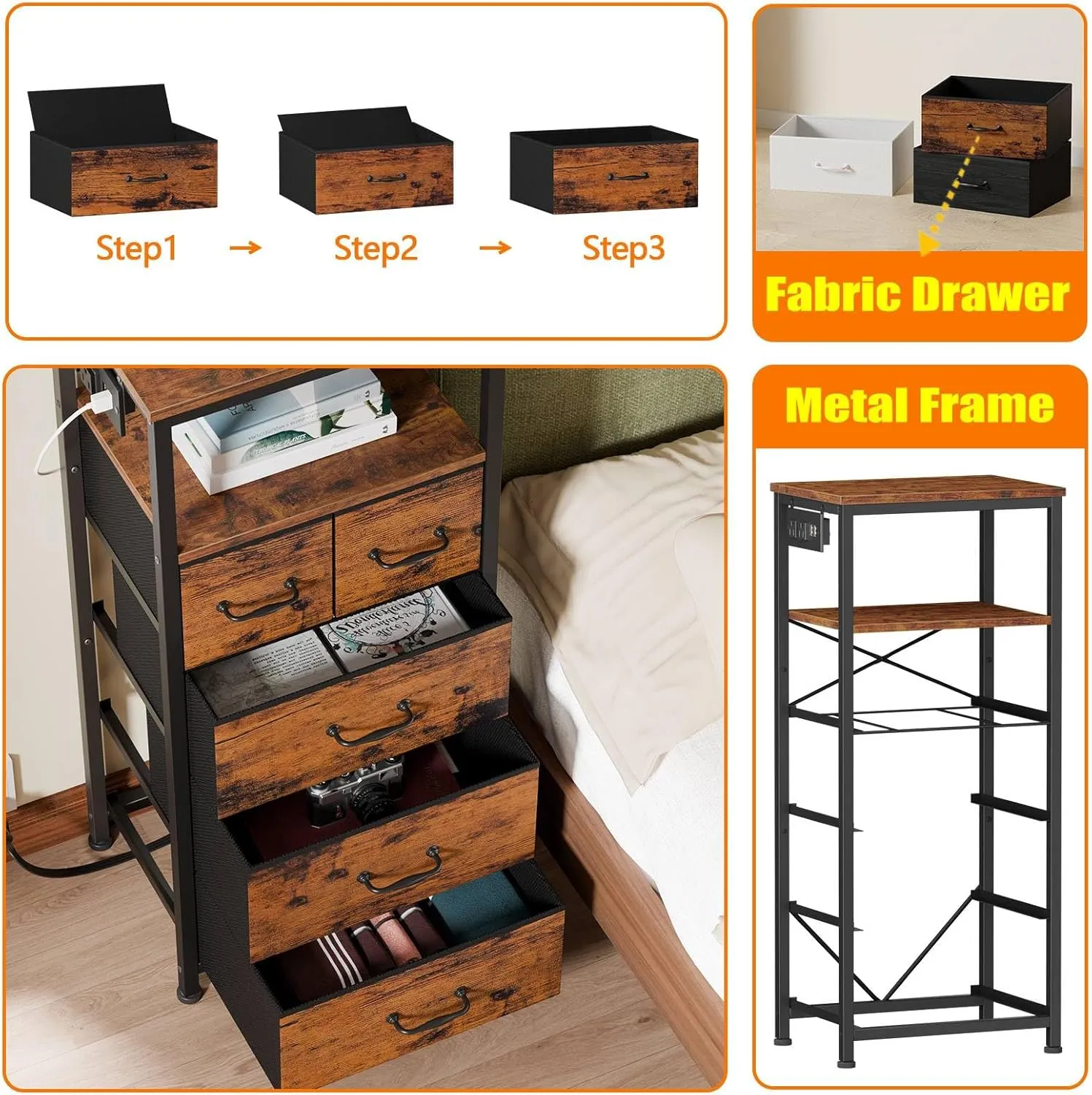 Furnulem Dresser for Bedroom, Tall Nightstand, Vertical Chest with Wood Top, Charging Station, LED Lights, 5 Fabric Bins, Bedside Table with Shelf, Furniture for Entryway (5 Drawer, Rustic Brown)
